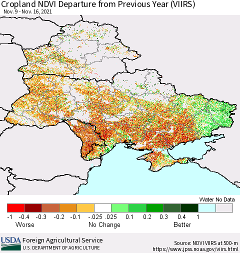 Ukraine, Moldova and Belarus Cropland NDVI Departure from Previous Year (VIIRS) Thematic Map For 11/11/2021 - 11/20/2021