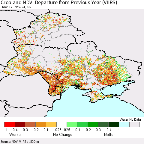 Ukraine, Moldova and Belarus Cropland NDVI Departure from Previous Year (VIIRS) Thematic Map For 11/17/2021 - 11/24/2021
