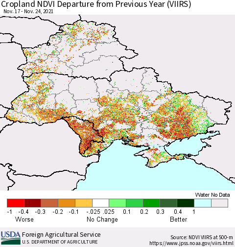 Ukraine, Moldova and Belarus Cropland NDVI Departure from Previous Year (VIIRS) Thematic Map For 11/21/2021 - 11/30/2021