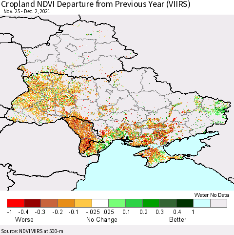 Ukraine, Moldova and Belarus Cropland NDVI Departure from Previous Year (VIIRS) Thematic Map For 11/25/2021 - 12/2/2021