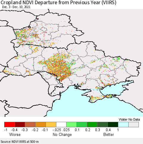 Ukraine, Moldova and Belarus Cropland NDVI Departure from Previous Year (VIIRS) Thematic Map For 12/1/2021 - 12/10/2021