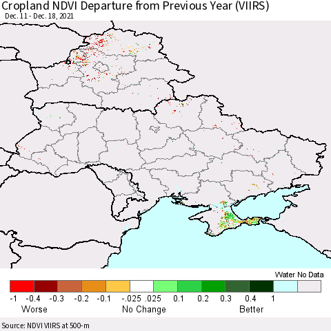 Ukraine, Moldova and Belarus Cropland NDVI Departure from Previous Year (VIIRS) Thematic Map For 12/11/2021 - 12/18/2021