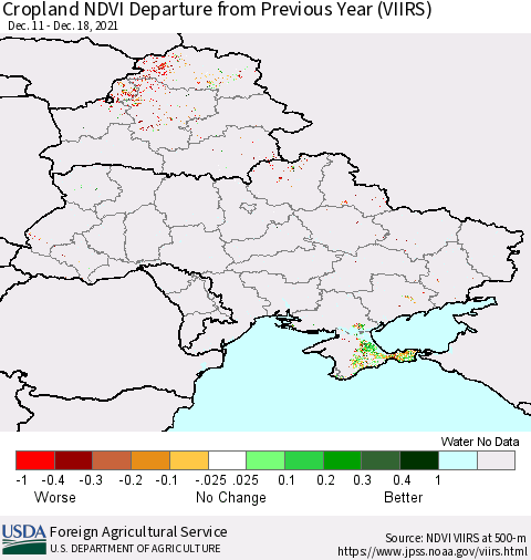 Ukraine, Moldova and Belarus Cropland NDVI Departure from Previous Year (VIIRS) Thematic Map For 12/11/2021 - 12/20/2021