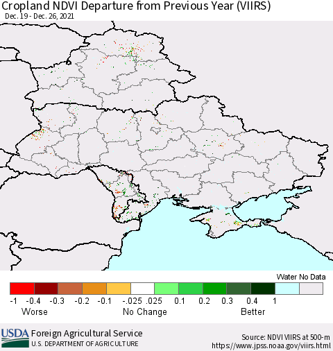 Ukraine, Moldova and Belarus Cropland NDVI Departure from Previous Year (VIIRS) Thematic Map For 12/21/2021 - 12/31/2021