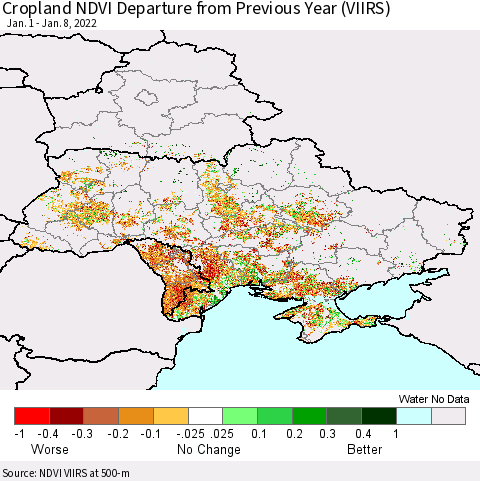 Ukraine, Moldova and Belarus Cropland NDVI Departure from Previous Year (VIIRS) Thematic Map For 1/1/2022 - 1/8/2022