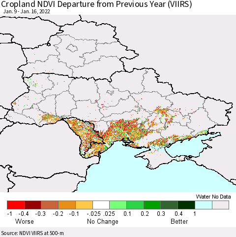 Ukraine, Moldova and Belarus Cropland NDVI Departure from Previous Year (VIIRS) Thematic Map For 1/9/2022 - 1/16/2022