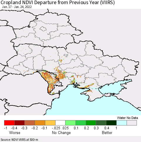 Ukraine, Moldova and Belarus Cropland NDVI Departure from Previous Year (VIIRS) Thematic Map For 1/17/2022 - 1/24/2022