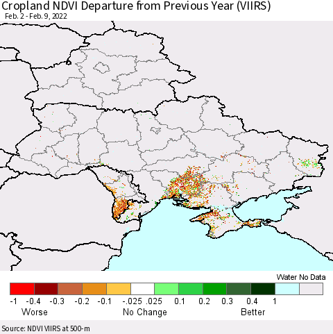 Ukraine, Moldova and Belarus Cropland NDVI Departure from Previous Year (VIIRS) Thematic Map For 2/2/2022 - 2/9/2022