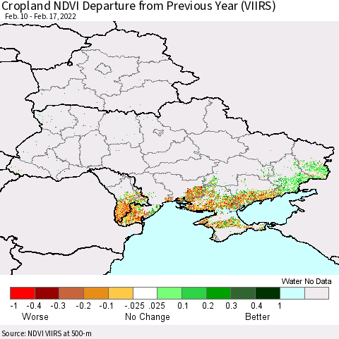 Ukraine, Moldova and Belarus Cropland NDVI Departure from Previous Year (VIIRS) Thematic Map For 2/10/2022 - 2/17/2022