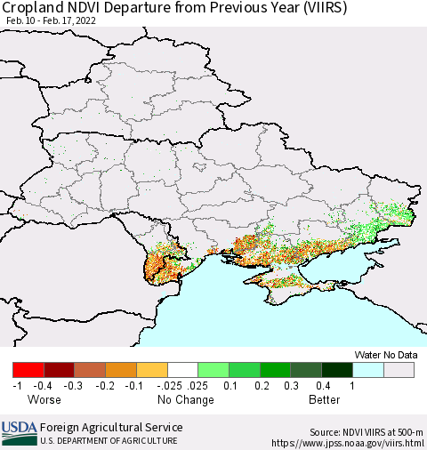 Ukraine, Moldova and Belarus Cropland NDVI Departure from Previous Year (VIIRS) Thematic Map For 2/11/2022 - 2/20/2022
