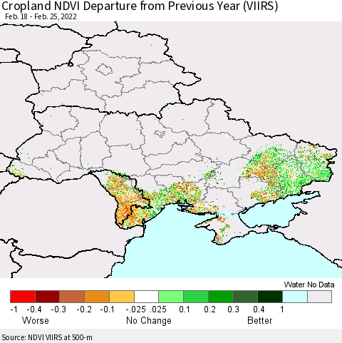Ukraine, Moldova and Belarus Cropland NDVI Departure from Previous Year (VIIRS) Thematic Map For 2/18/2022 - 2/25/2022