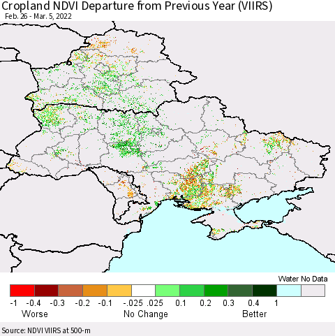 Ukraine, Moldova and Belarus Cropland NDVI Departure from Previous Year (VIIRS) Thematic Map For 2/26/2022 - 3/5/2022