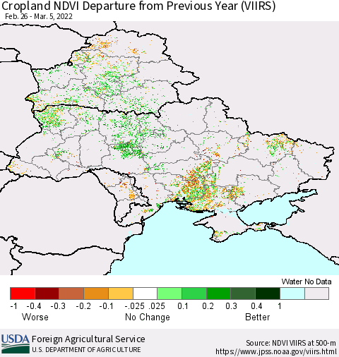 Ukraine, Moldova and Belarus Cropland NDVI Departure from Previous Year (VIIRS) Thematic Map For 3/1/2022 - 3/10/2022
