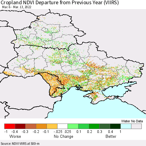 Ukraine, Moldova and Belarus Cropland NDVI Departure from Previous Year (VIIRS) Thematic Map For 3/6/2022 - 3/13/2022