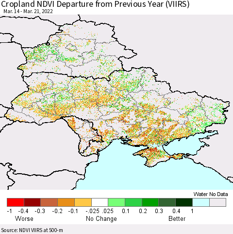 Ukraine, Moldova and Belarus Cropland NDVI Departure from Previous Year (VIIRS) Thematic Map For 3/14/2022 - 3/21/2022