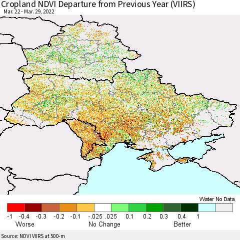 Ukraine, Moldova and Belarus Cropland NDVI Departure from Previous Year (VIIRS) Thematic Map For 3/22/2022 - 3/29/2022