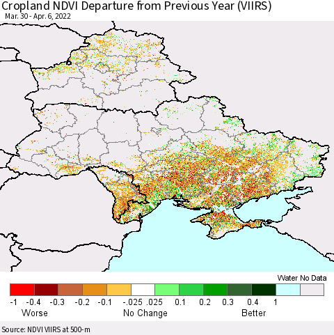 Ukraine, Moldova and Belarus Cropland NDVI Departure from Previous Year (VIIRS) Thematic Map For 3/30/2022 - 4/6/2022
