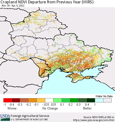 Ukraine, Moldova and Belarus Cropland NDVI Departure from Previous Year (VIIRS) Thematic Map For 4/1/2022 - 4/10/2022