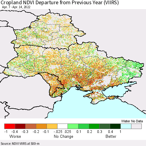 Ukraine, Moldova and Belarus Cropland NDVI Departure from Previous Year (VIIRS) Thematic Map For 4/7/2022 - 4/14/2022