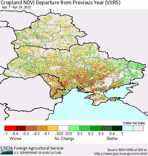 Ukraine, Moldova and Belarus Cropland NDVI Departure from Previous Year (VIIRS) Thematic Map For 4/11/2022 - 4/20/2022