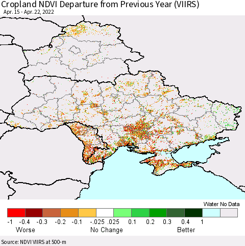 Ukraine, Moldova and Belarus Cropland NDVI Departure from Previous Year (VIIRS) Thematic Map For 4/15/2022 - 4/22/2022
