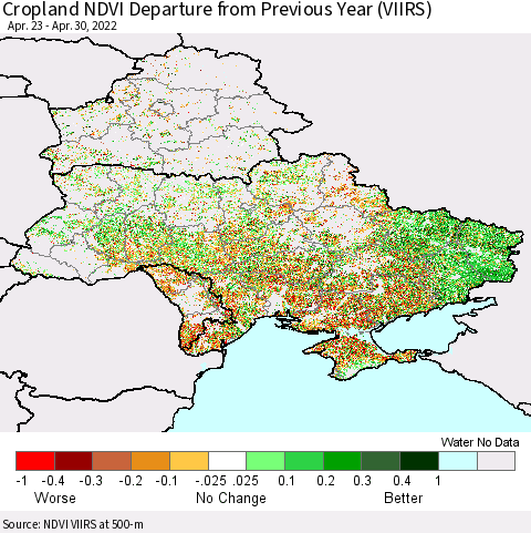 Ukraine, Moldova and Belarus Cropland NDVI Departure from Previous Year (VIIRS) Thematic Map For 4/21/2022 - 4/30/2022