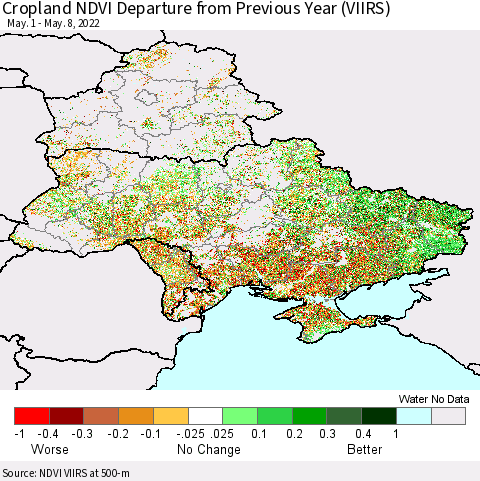 Ukraine, Moldova and Belarus Cropland NDVI Departure from Previous Year (VIIRS) Thematic Map For 5/1/2022 - 5/8/2022