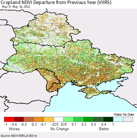 Ukraine, Moldova and Belarus Cropland NDVI Departure from Previous Year (VIIRS) Thematic Map For 5/9/2022 - 5/16/2022