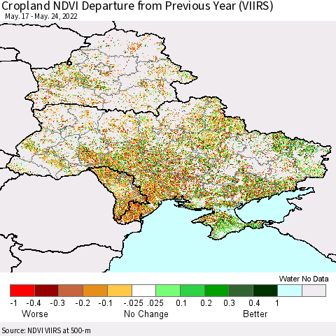 Ukraine, Moldova and Belarus Cropland NDVI Departure from Previous Year (VIIRS) Thematic Map For 5/17/2022 - 5/24/2022