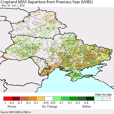 Ukraine, Moldova and Belarus Cropland NDVI Departure from Previous Year (VIIRS) Thematic Map For 5/25/2022 - 6/1/2022