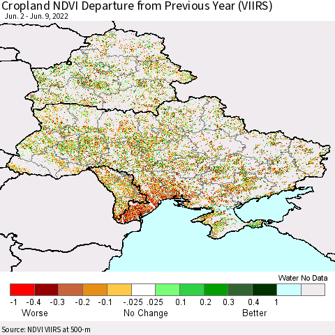 Ukraine, Moldova and Belarus Cropland NDVI Departure from Previous Year (VIIRS) Thematic Map For 6/2/2022 - 6/9/2022