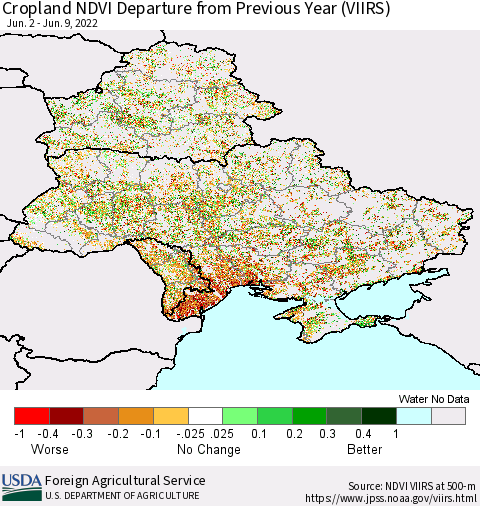 Ukraine, Moldova and Belarus Cropland NDVI Departure from Previous Year (VIIRS) Thematic Map For 6/1/2022 - 6/10/2022