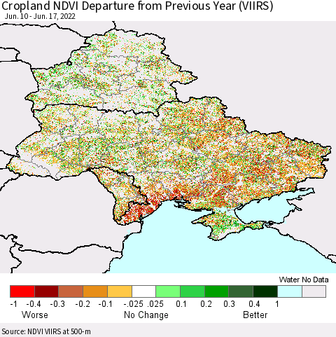 Ukraine, Moldova and Belarus Cropland NDVI Departure from Previous Year (VIIRS) Thematic Map For 6/10/2022 - 6/17/2022