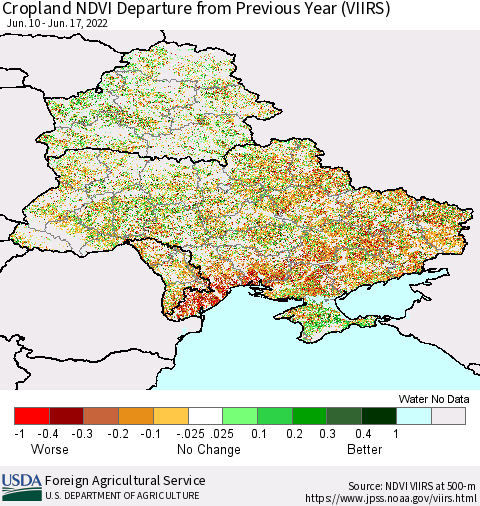 Ukraine, Moldova and Belarus Cropland NDVI Departure from Previous Year (VIIRS) Thematic Map For 6/11/2022 - 6/20/2022