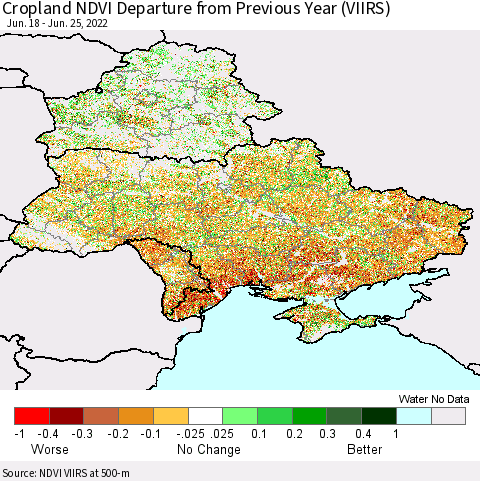 Ukraine, Moldova and Belarus Cropland NDVI Departure from Previous Year (VIIRS) Thematic Map For 6/18/2022 - 6/25/2022