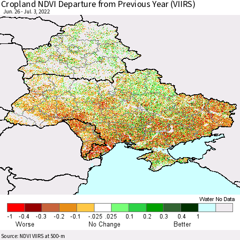 Ukraine, Moldova and Belarus Cropland NDVI Departure from Previous Year (VIIRS) Thematic Map For 6/26/2022 - 7/3/2022