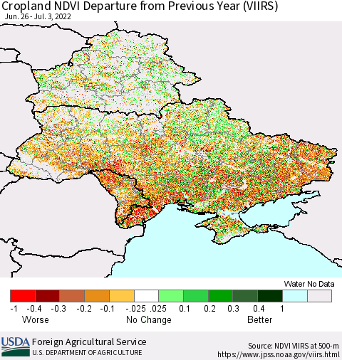 Ukraine, Moldova and Belarus Cropland NDVI Departure from Previous Year (VIIRS) Thematic Map For 7/1/2022 - 7/10/2022