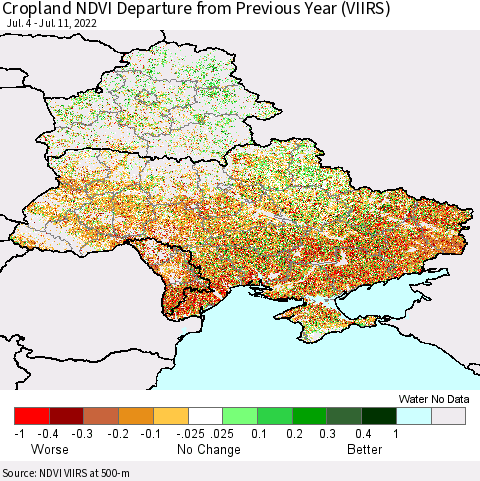 Ukraine, Moldova and Belarus Cropland NDVI Departure from Previous Year (VIIRS) Thematic Map For 7/4/2022 - 7/11/2022