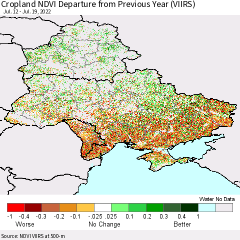 Ukraine, Moldova and Belarus Cropland NDVI Departure from Previous Year (VIIRS) Thematic Map For 7/12/2022 - 7/19/2022