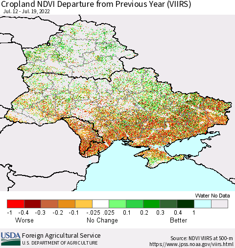 Ukraine, Moldova and Belarus Cropland NDVI Departure from Previous Year (VIIRS) Thematic Map For 7/11/2022 - 7/20/2022