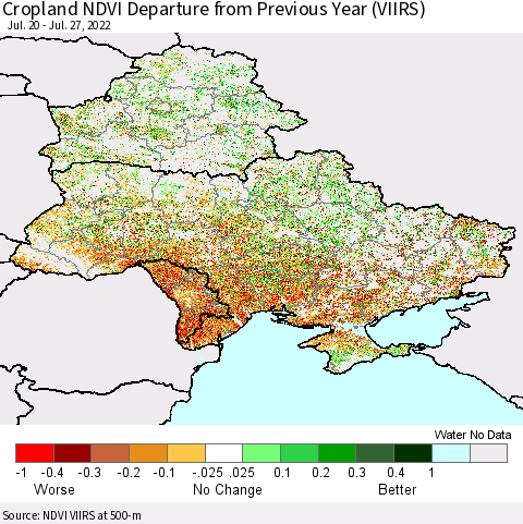 Ukraine, Moldova and Belarus Cropland NDVI Departure from Previous Year (VIIRS) Thematic Map For 7/20/2022 - 7/27/2022