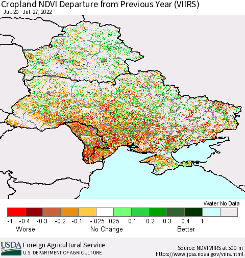 Ukraine, Moldova and Belarus Cropland NDVI Departure from Previous Year (VIIRS) Thematic Map For 7/21/2022 - 7/31/2022
