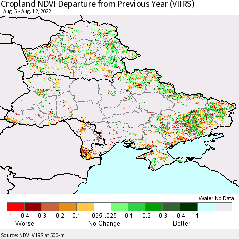 Ukraine, Moldova and Belarus Cropland NDVI Departure from Previous Year (VIIRS) Thematic Map For 8/5/2022 - 8/12/2022