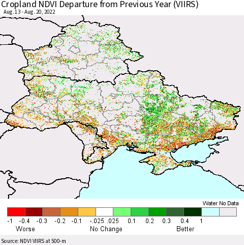 Ukraine, Moldova and Belarus Cropland NDVI Departure from Previous Year (VIIRS) Thematic Map For 8/11/2022 - 8/20/2022