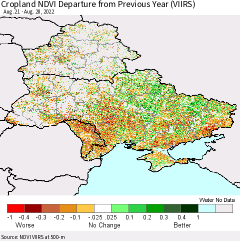 Ukraine, Moldova and Belarus Cropland NDVI Departure from Previous Year (VIIRS) Thematic Map For 8/21/2022 - 8/28/2022