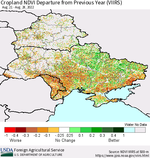 Ukraine, Moldova and Belarus Cropland NDVI Departure from Previous Year (VIIRS) Thematic Map For 8/21/2022 - 8/31/2022