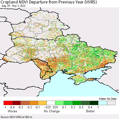 Ukraine, Moldova and Belarus Cropland NDVI Departure from Previous Year (VIIRS) Thematic Map For 8/29/2022 - 9/5/2022