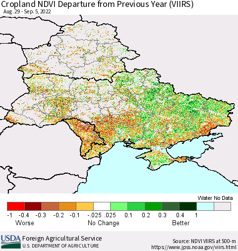 Ukraine, Moldova and Belarus Cropland NDVI Departure from Previous Year (VIIRS) Thematic Map For 9/1/2022 - 9/10/2022