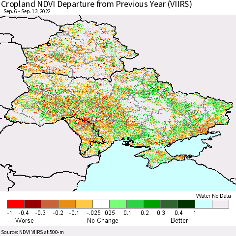 Ukraine, Moldova and Belarus Cropland NDVI Departure from Previous Year (VIIRS) Thematic Map For 9/6/2022 - 9/13/2022