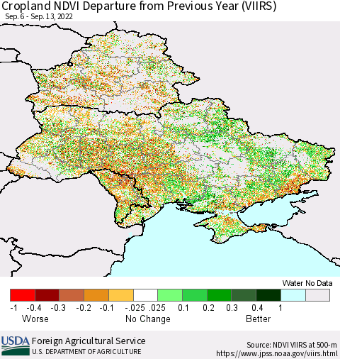 Ukraine, Moldova and Belarus Cropland NDVI Departure from Previous Year (VIIRS) Thematic Map For 9/11/2022 - 9/20/2022